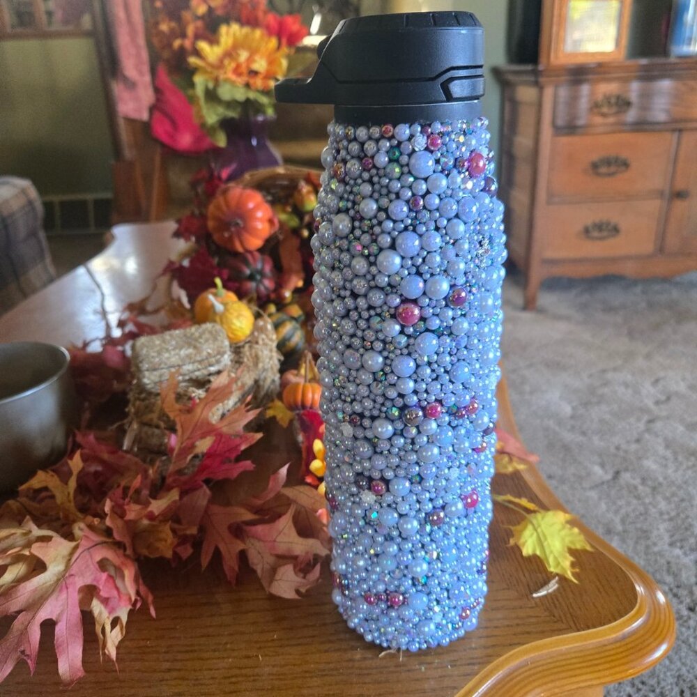 Fancy Zulu Water Bottle with white, pink and purple Bling. Up to 24 Hrs Cold,